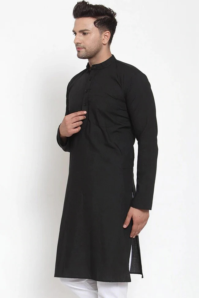 Men's Black Cotton Solid Kurta Only